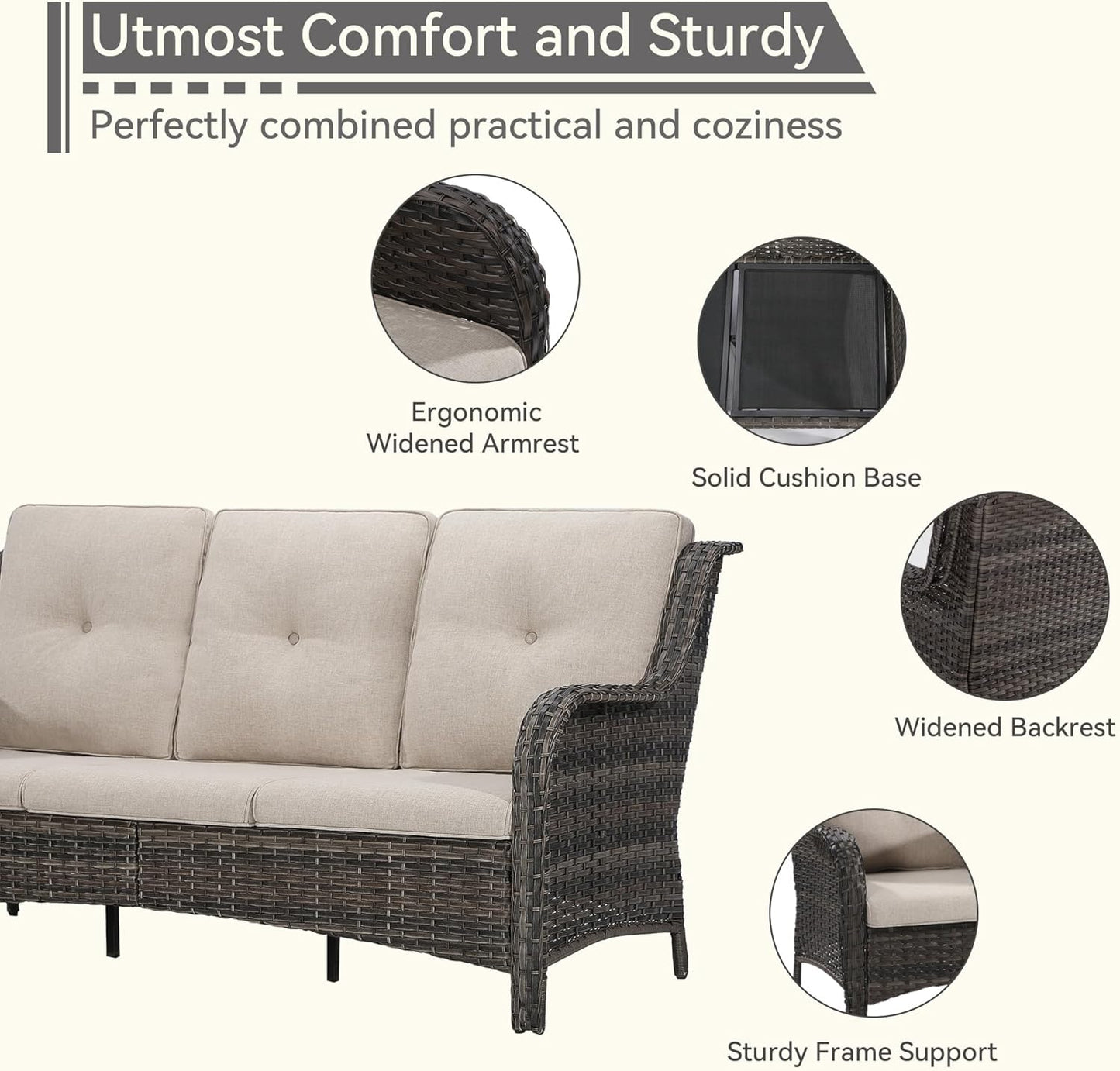 Wicker Patio Furniture Set 8-PCS with A 3-Seat Sofa, 2 Swivel Rocking Chairs, 2 Armchairs, 2 Ottomans and 1 Side Table Patio Conversation Set, Beige