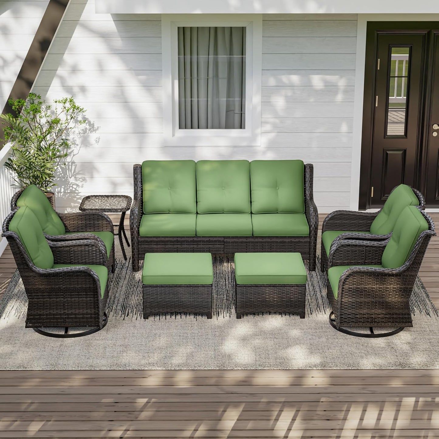 Wicker Patio Furniture Set 8-PCS with A 3-Seat Sofa, 2 Swivel Rocking Chairs, 2 Armchairs, 2 Ottomans and 1 Side Table Patio Conversation Set, Green