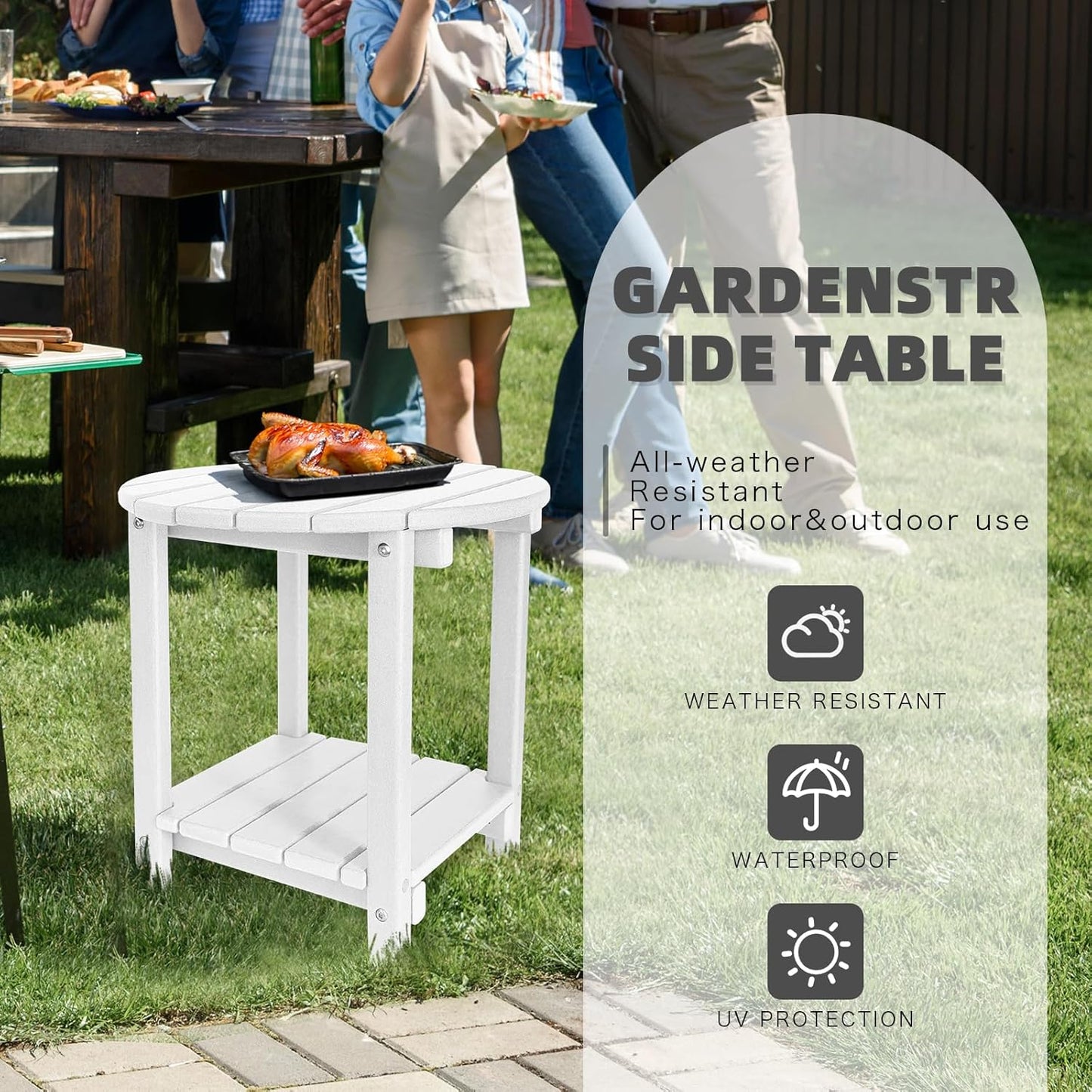 Adirondack Round Outdoor Side Table 2-Tier Storage Patio Side Table, HDPE End Tables for Backyard Pool Porch Garden Lawn (White)
