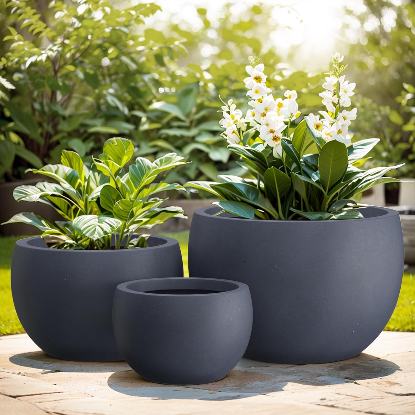 Kante 19.9",15.7",11.8" Dia Round Concrete Planter Set of 3, Outdoor/Indoor Large Bowl Plant Pots with Drainage Hole and Rubber Plug for Garden Patio Balcony Home, Dark Gray