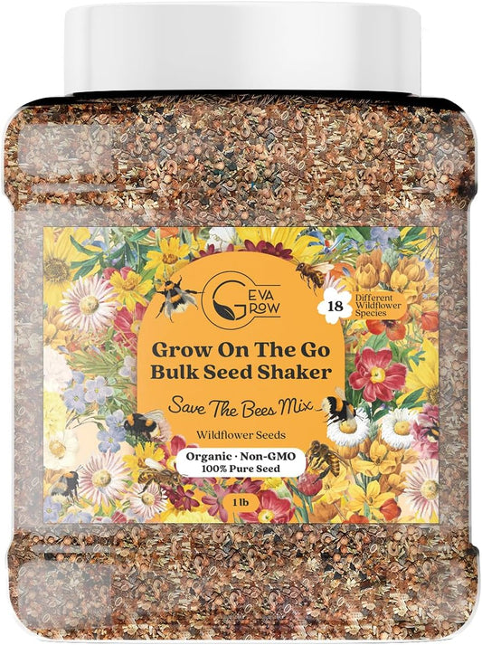 Wildflower Seed Mix 1LB Tub - Save The Bees Seed Mix, by GevaGrow | Bulk 300,000+ Seeds | Pollinator & Bee Attracting Flower Seeds Bulk for Planting in Pots & Outdoor Gardens | 1 Pound Tub