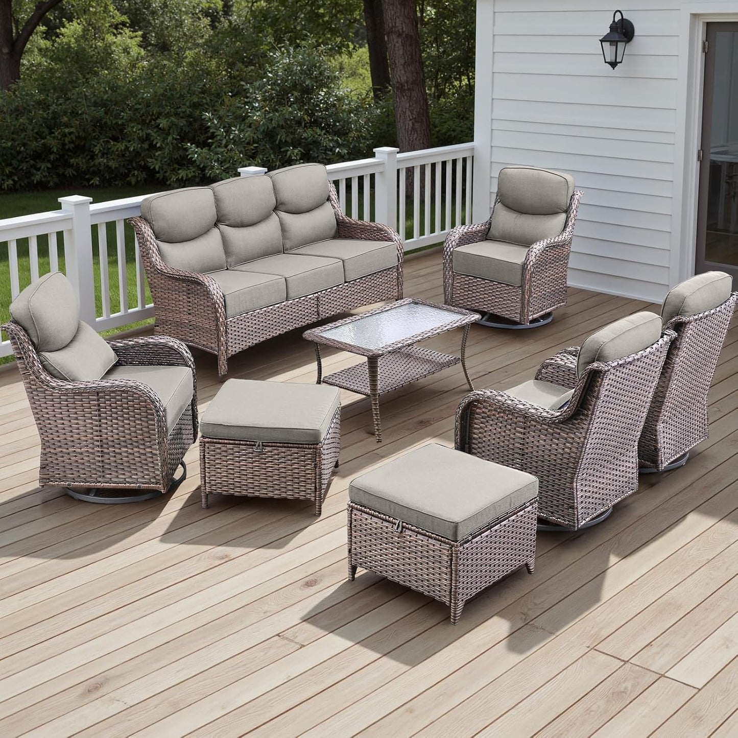 Wicker Outdoor Patio Furniture Set - 8 Piece Patio Conversation Sets with Swivel Rocker Chairs, Ottomans, Sofa and Table, 6 inch Cushions, Deep Seating, for Porch Deck Brown/Beige
