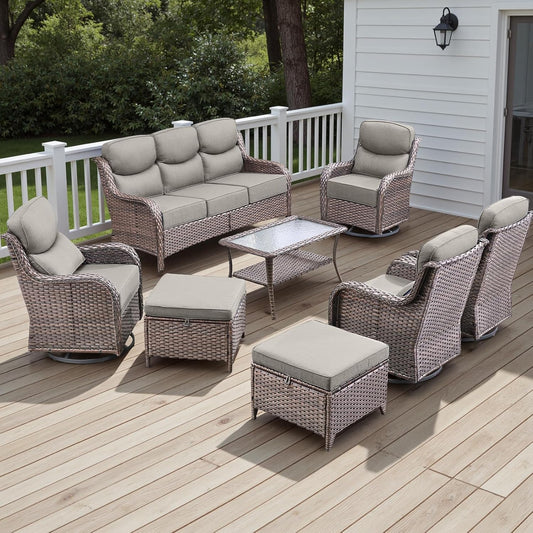 Wicker Outdoor Patio Furniture Set - 8 Piece Patio Conversation Sets with Swivel Rocker Chairs, Ottomans, Sofa and Table, 6 inch Cushions, Deep Seating, for Porch Deck Brown/Beige