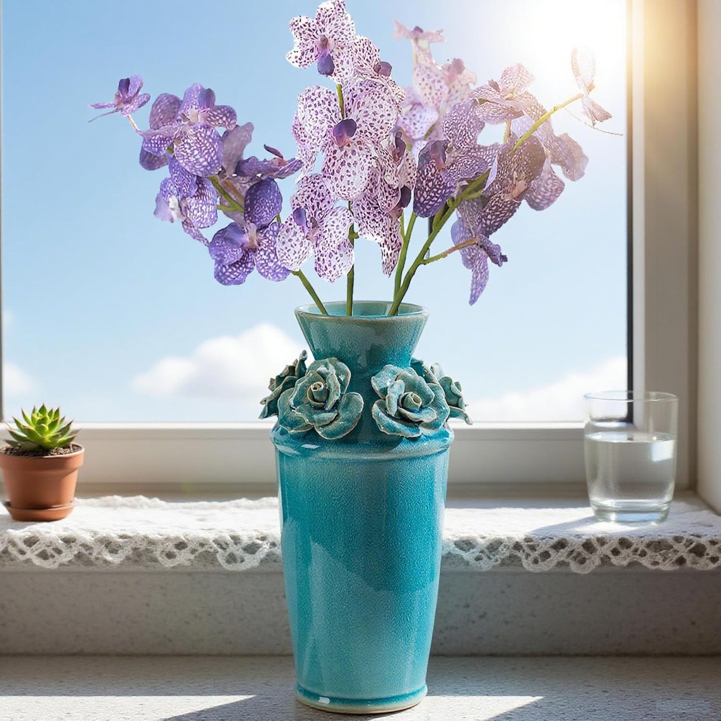 Handmade 3D Ceramic Flower Blue Bud Vase for Centerpieces, Decorative Blue Flower Vases for Wedding Reception, Home Decor, Living Room, Cottage Core Decor, Jarrones Decorativos para Sala 8.7 Inch