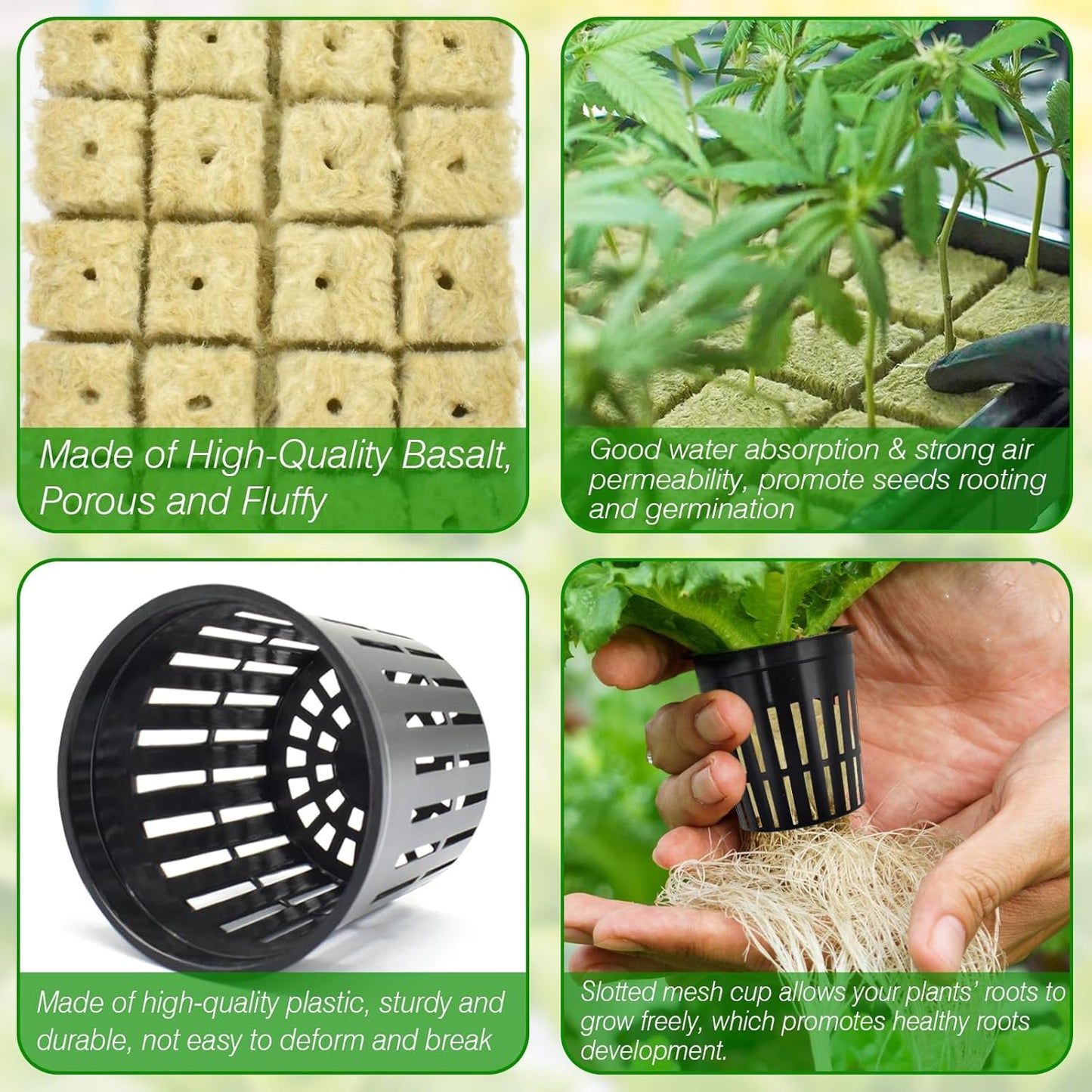 Halatool 24 x 2-Inch Rockwool Cubes & 24 x 3-Inch Net Cups - Hydroponics Starter Kit for Plants Cloning, Seed Starting, and Patio Gardening - Durable, Effective, Great Gift Option