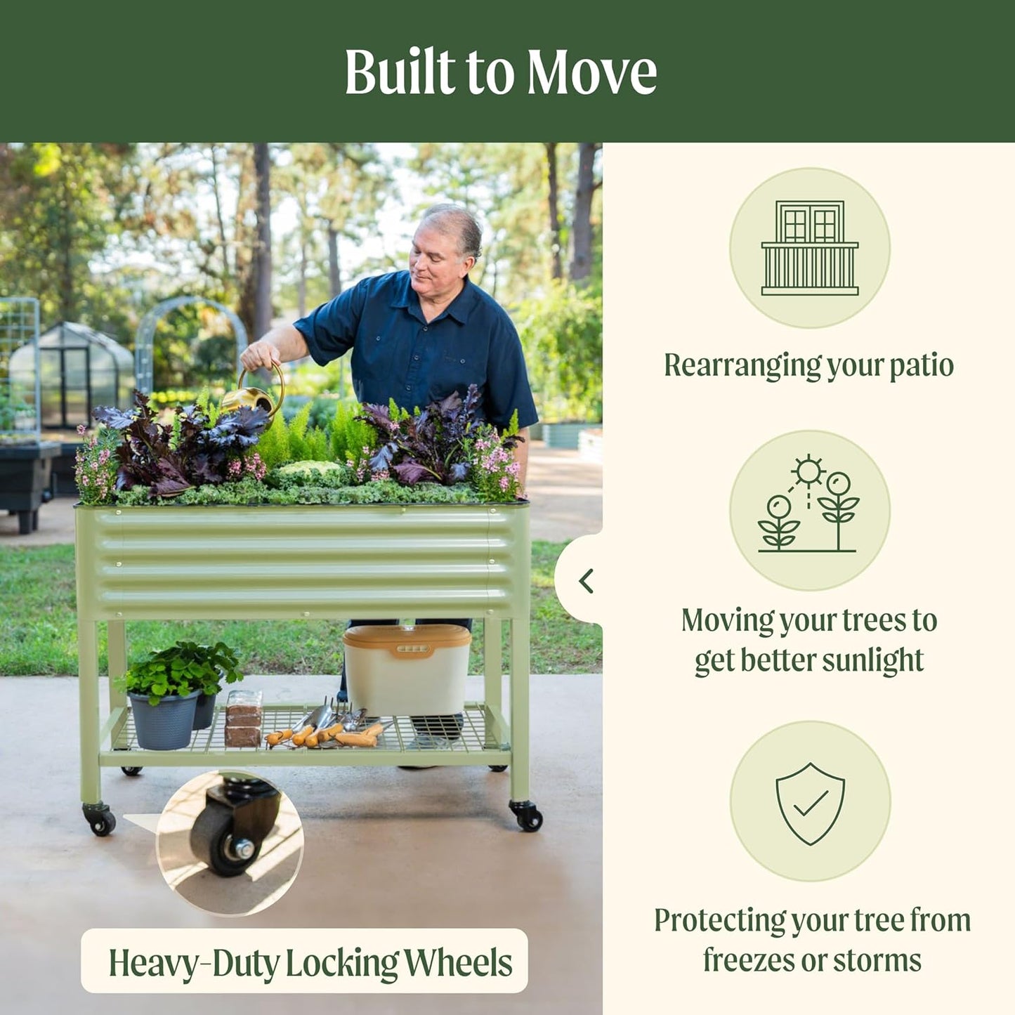 Rolling Elevated Raised Garden Bed-V Series, 2' x 8' Garden Beds with Legs & Storage Rack for Patio & Porch, 1400 Lbs Weight Capacity, Outdoor Planter Box for Vegetables Flower Herbs, Olive Green