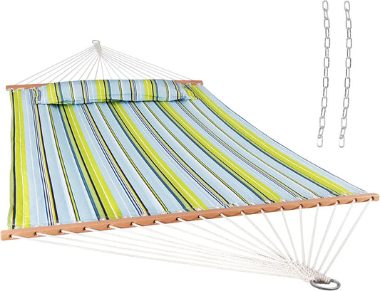Sunnydaze Quilted Outdoor Hammock with Spreader Bars - Heavy-Duty 450-Pound Capacity Double Hammock for Outside - Blue and Green