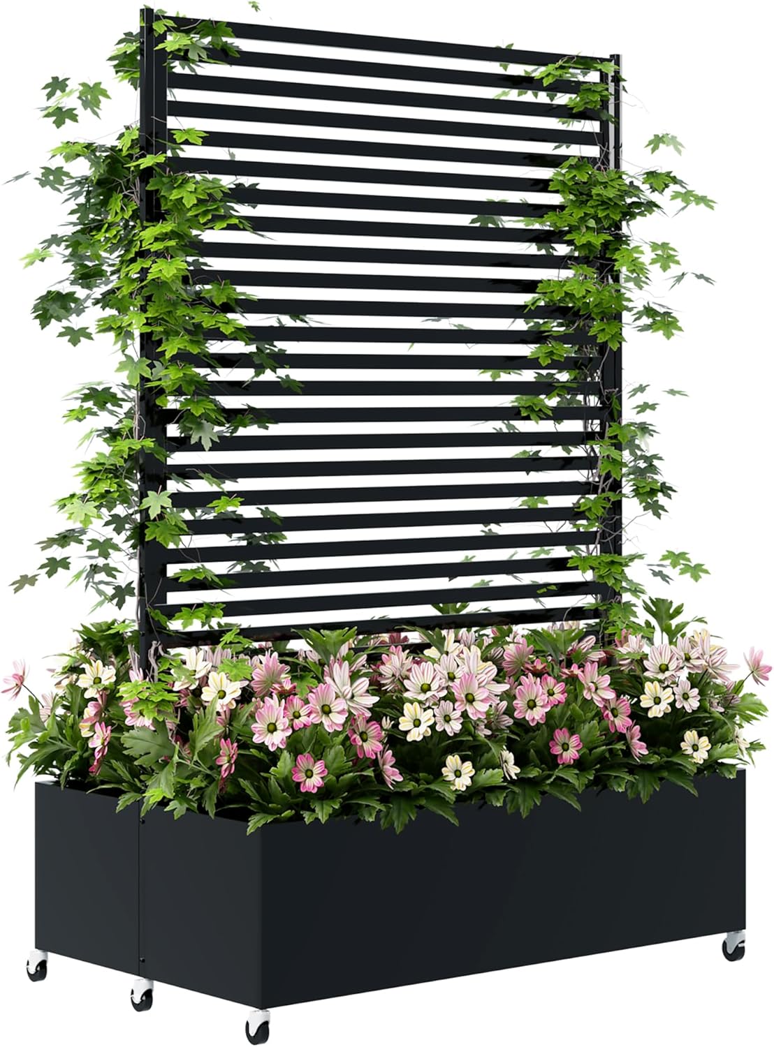 Double Metal Planter Box with Trellis Privacy Screen, Raised Garden Bed with Trellis & Wheels, Planter Box Outdoor with Drainage Holes for Climbing Plants, Vegetable, Vines,73"x 47"x 30", Black