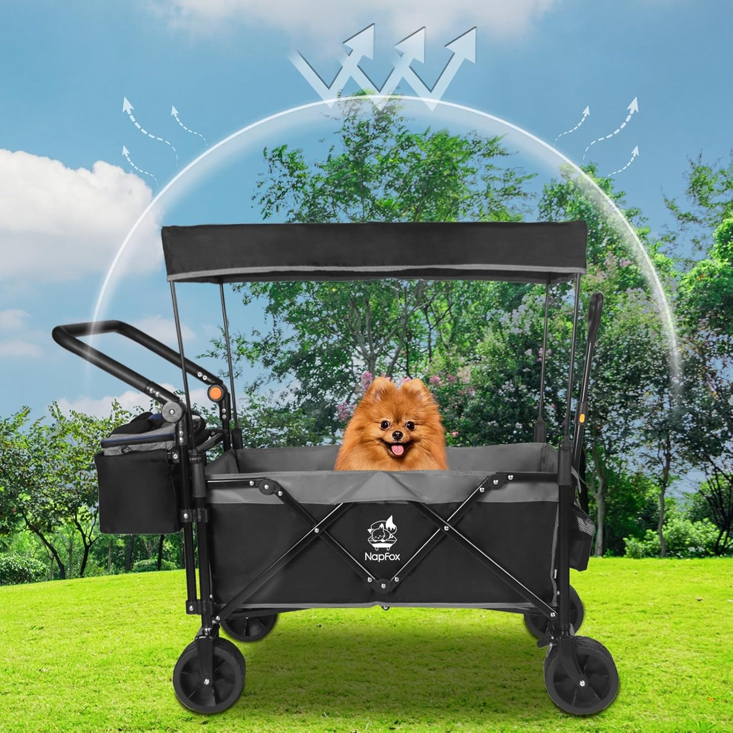 Collapsible Wagon Foldable Wagon Cart with Removable Canopy, Adjustable Push Pulling Handles,Cooler Bag Utility Carts for Shopping, Picnic, Camping,Black Grey