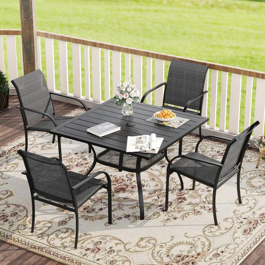 VICLLAX 5 Pieces Patio Dining Set, Outdoor Furniture Set Includes 1 Square Outdoor Table and 4 Stackable Patio Sling Chairs, Black Tabletop and Grey Fabric