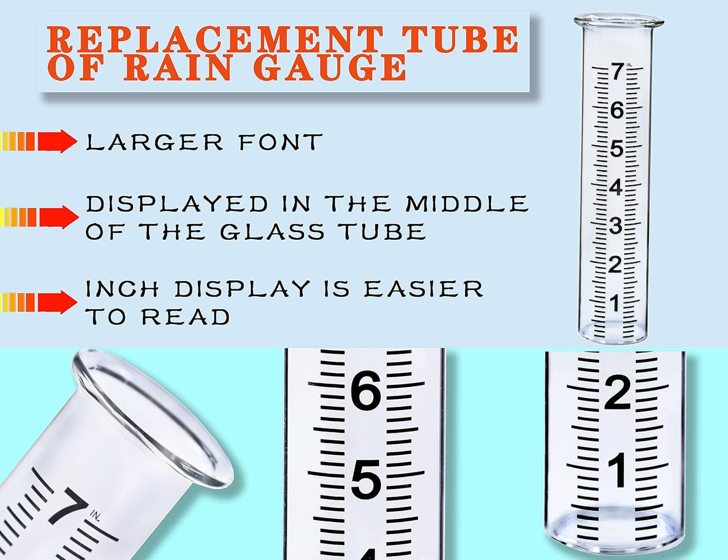 BIUWING 7" Capacity Glass rain Gauge Replacement Tube for Outdoors Yard Garden with Lip, Best Rated, Easy to Read (1 pcs)