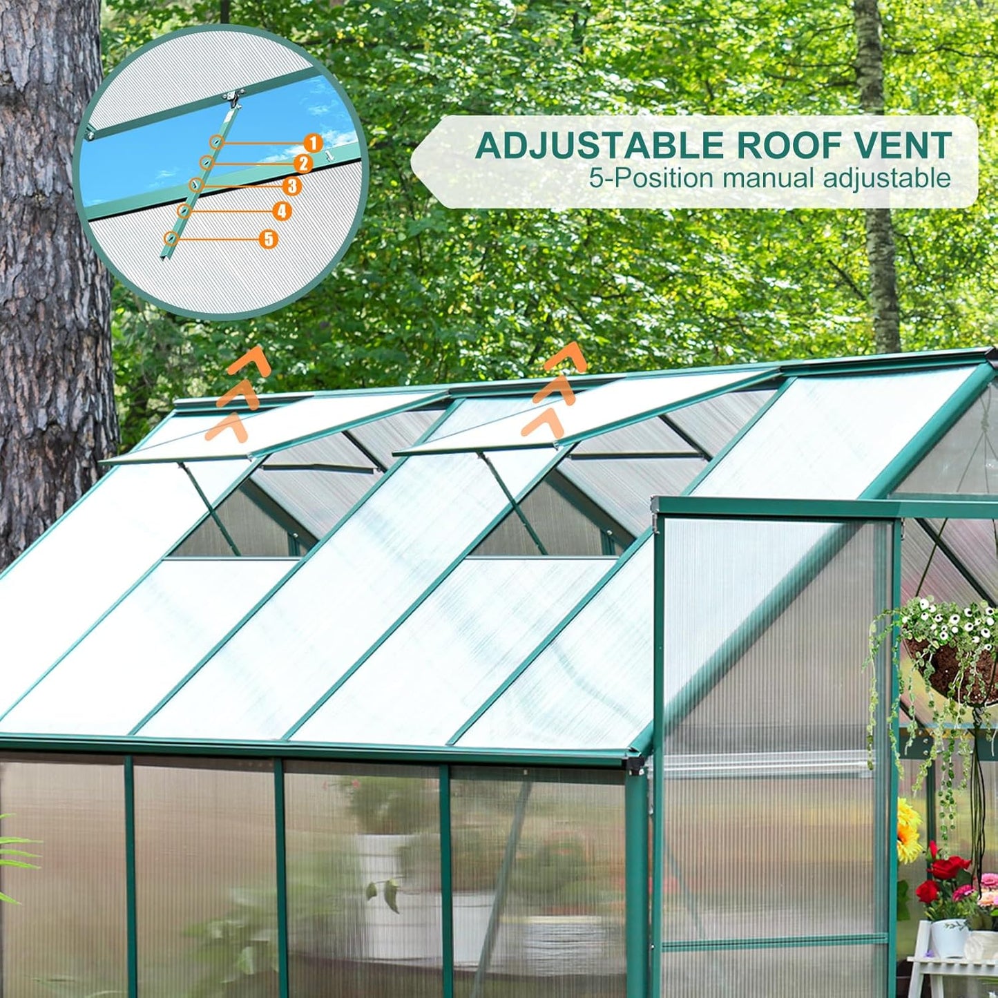 CDCASA 10.2x6.2 FT Greenhouse, Polycarbonate Greenhouses Heavy Duty Aluminum Greenhouse for Outdoors w/ Lockable Doors & 2 Vent Window Walk-in Green House Sunroom for Outside Backyard, Green