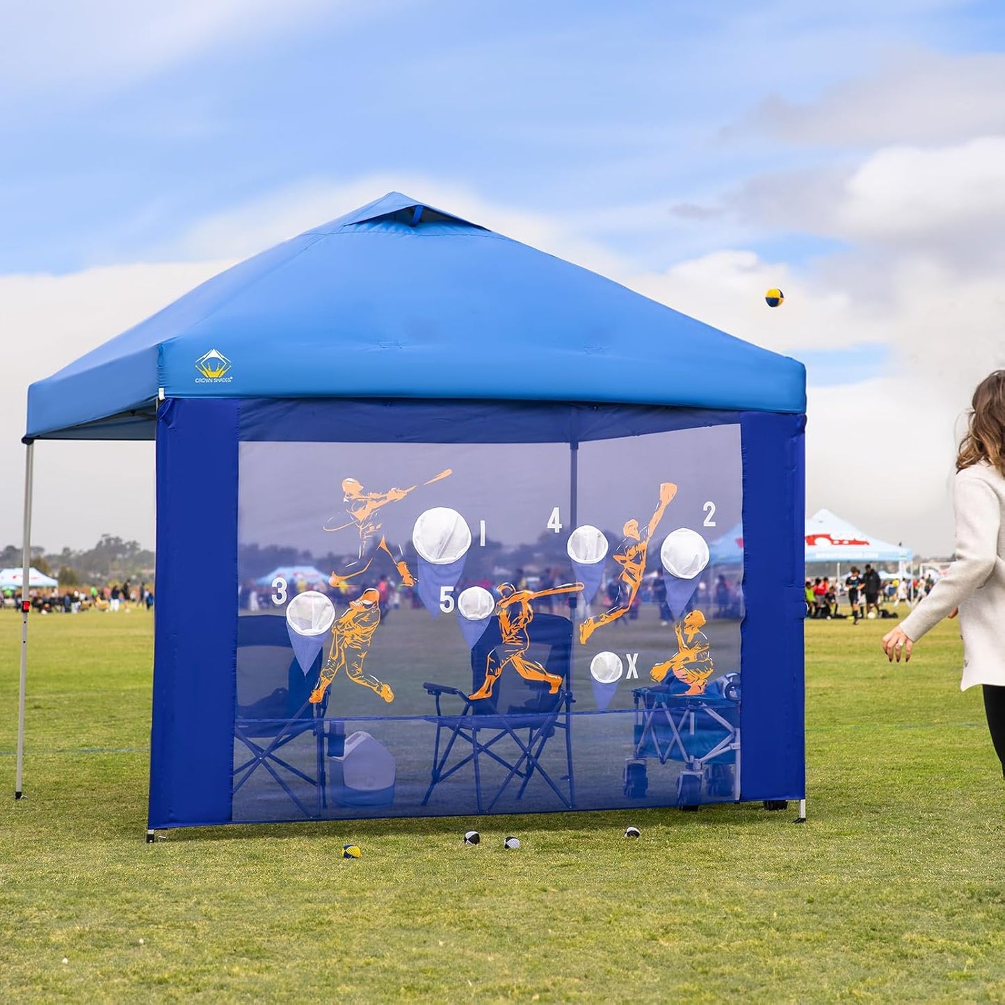 CROWN SHADES 10x10 Pop Up Canopy Tent with Game Netting - Beach Tent with One Push Setup - Outdoor Sun Shade for Events, Parties, Camping with STO-N-Go Cover Bag, Silver Coated Top, Blue