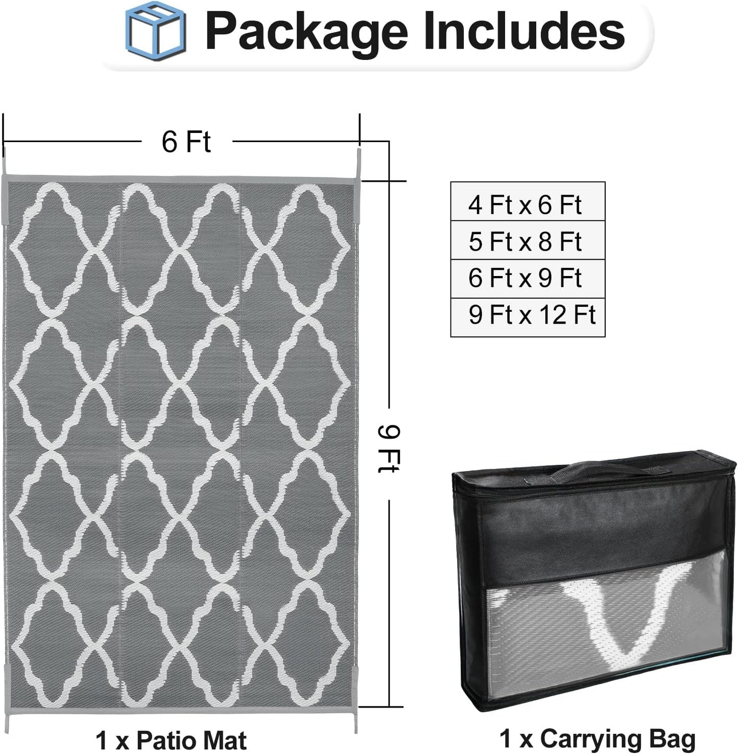 OutdoorLines Outdoor Plastic Area Rugs for Patio 6x9 ft - Reversible Outside Carpet, Stain & UV Resistant RV Mats, Straw Rug for Camping, Deck Garden, Porch and Balcony, Moroccan Grey & Light Grey