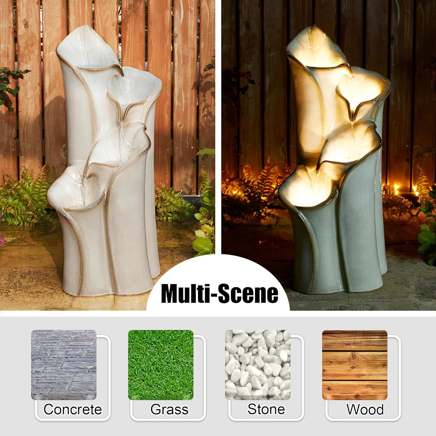 Glitzhome 31.25" H Outdoor Water Fountain with LED Lights and Pump, 4 Tier Sand Beige Lotus Leaf Textured Ceramic Floor Standing Fountain, Vase Waterfall Fountains for Porch Deck Garden Patio Backyard