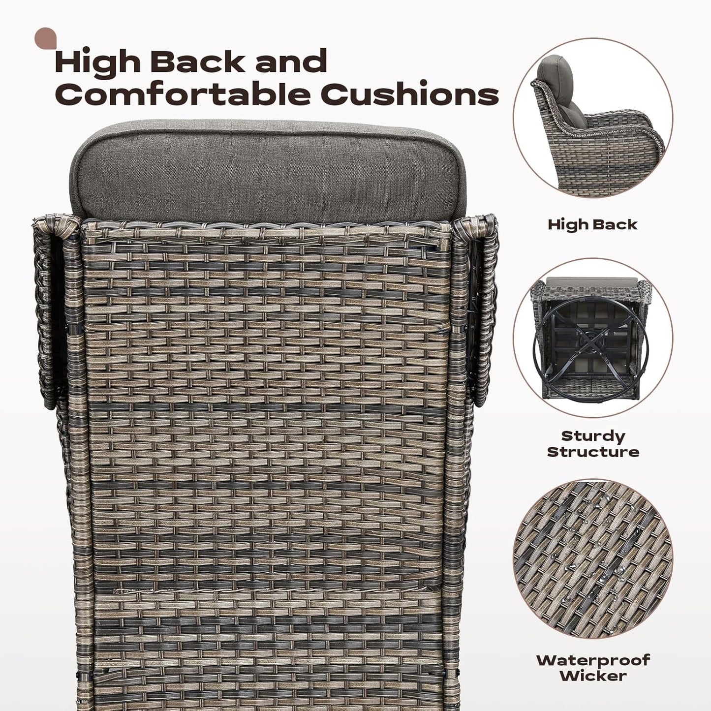 6 Piece Outdoor Patio Swivel Rocker Chairs, Waterproof Wicker, High Back, Deep Seating, Wide Armrest, Upgraded 6 inch Thick Cushions, Side Table, Ideal for Deck Porch Yard, Mixed Grey/Grey