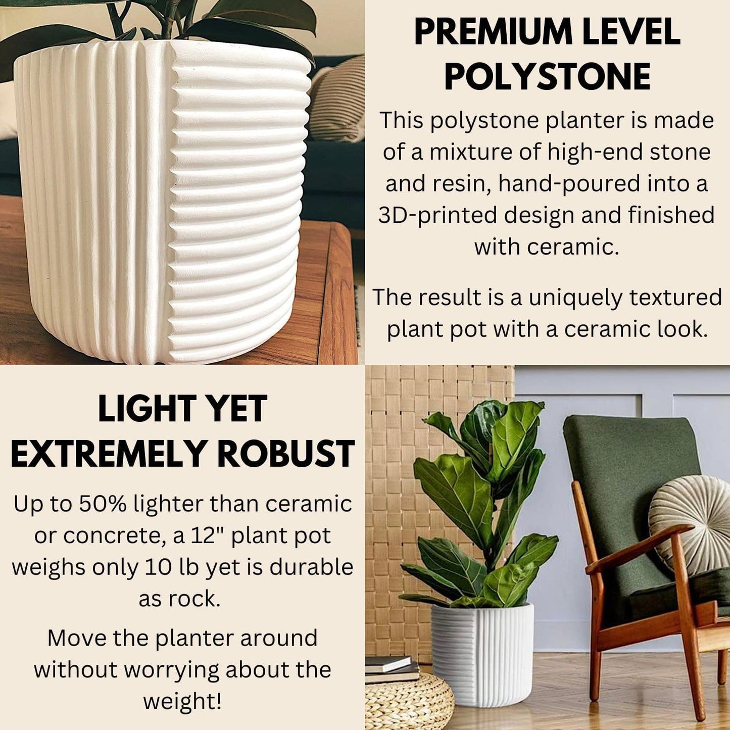 Fox & Fern Large 12 Inch Planter with Drainage Plug — Premium Polystone White Plant Pot; Modern Planter with 3D Texture and Ceramic Finish; 12 Inch Pots for Plants Indoor & Outdoor