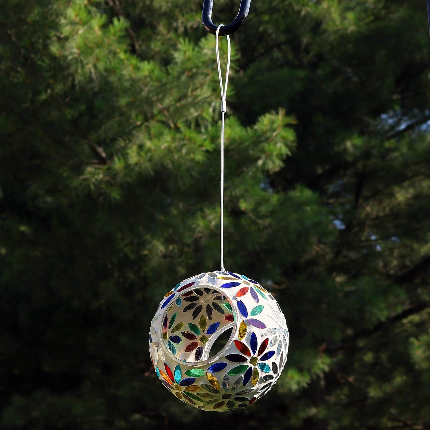 Sunnydaze 6-Inch Glass Mosaic Hanging Bird Feeder for Outdoors - Fly-Through Wild Bird Feeder - Rainbow Daisies