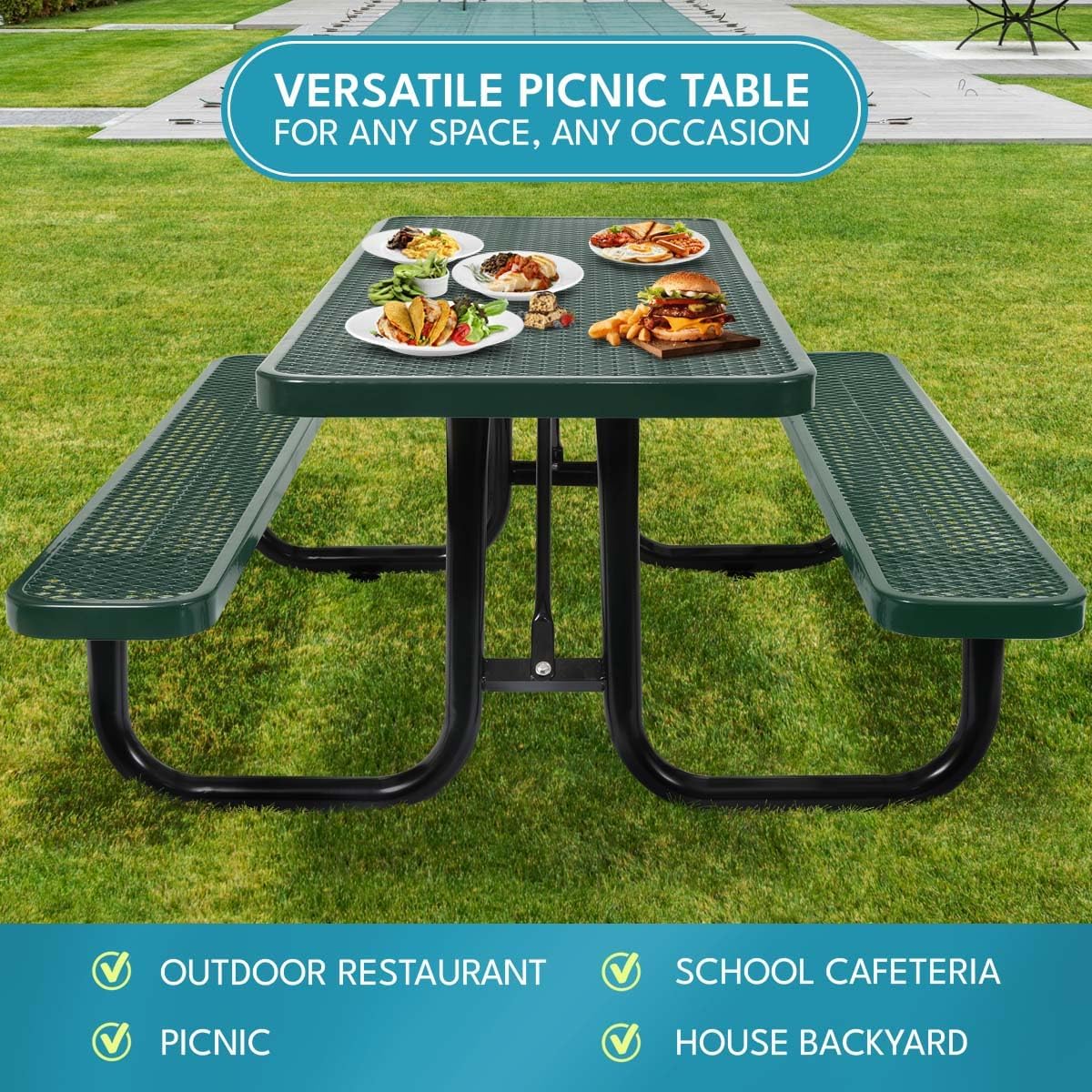 6 ft. Rectangular Outdoor Steel Picnic Table with Umbrella Pole, Heavy-Duty Weather-Resistant Dining Table for Patio, Backyard, and Garden, Rust-Resistant Finish, Green
