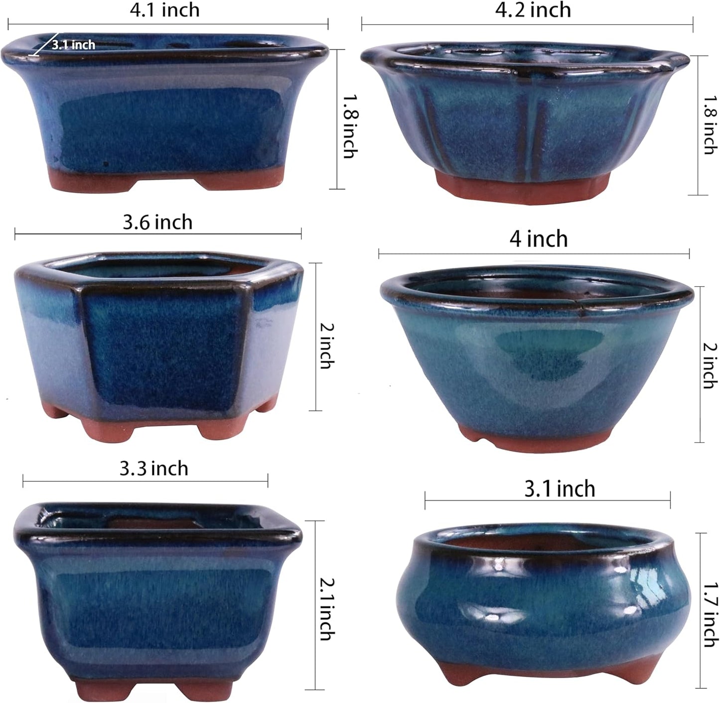 MUZHI 6PACK Glazed Bonsai Pot Planter 3" 4” Small Succulent Pots, Yixing Zisha Decorative Mame Bonsai Training Pot or Small Flower Cactus Starter Growing Planters Containers Blue