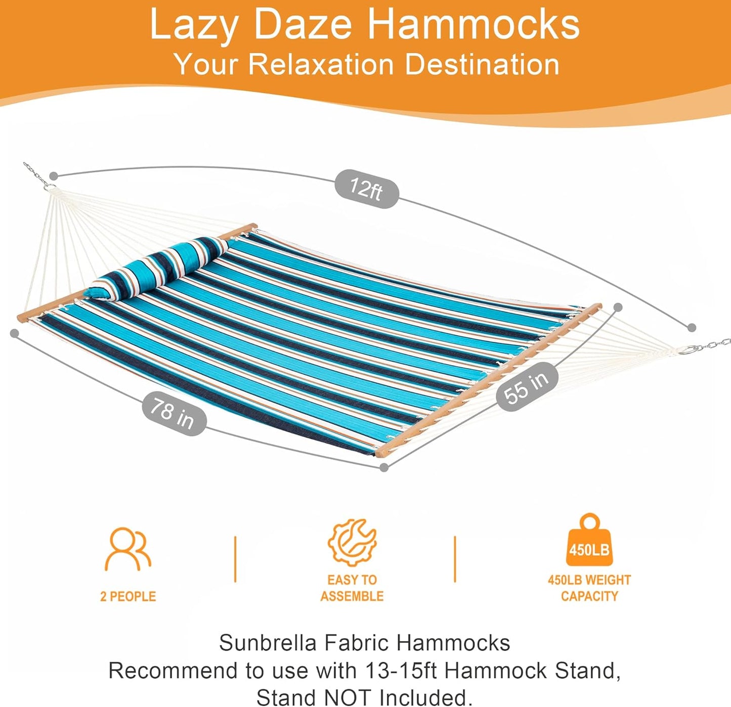 Lazy Daze 12 FT Sunbrella Fabric Hammock not Fading with Spreader Bars and Free Pillow Fits for Two Persons, All Weather and Fade Resistant for Patio Yard, 450 lbs Weight Capacity, Token Surfside