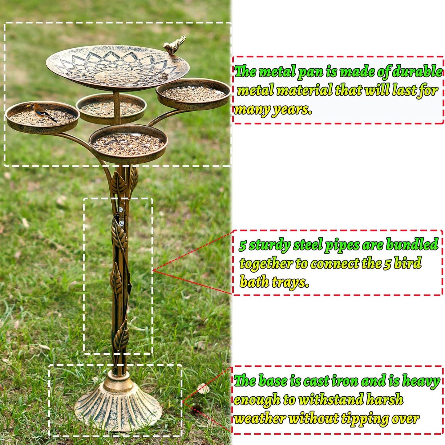 33.5 "H Cast Iron Base Outdoor Bird Bath, Metal Bird Feeding Bowl Tray, Metal Bird Bath Garden Patio Decor