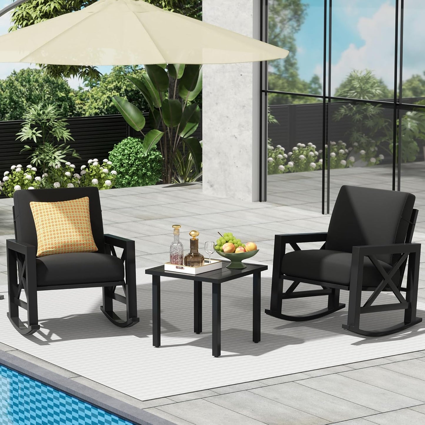 NATURAL EXPRESSIONS Patio Rocking Bistro Set, 3 Piece Outdoor Conversation Furniture Set with 2 Rockers and 1 Metal Coffee Table with Thick Cushions,2 Pack Patio Chair Covers Included