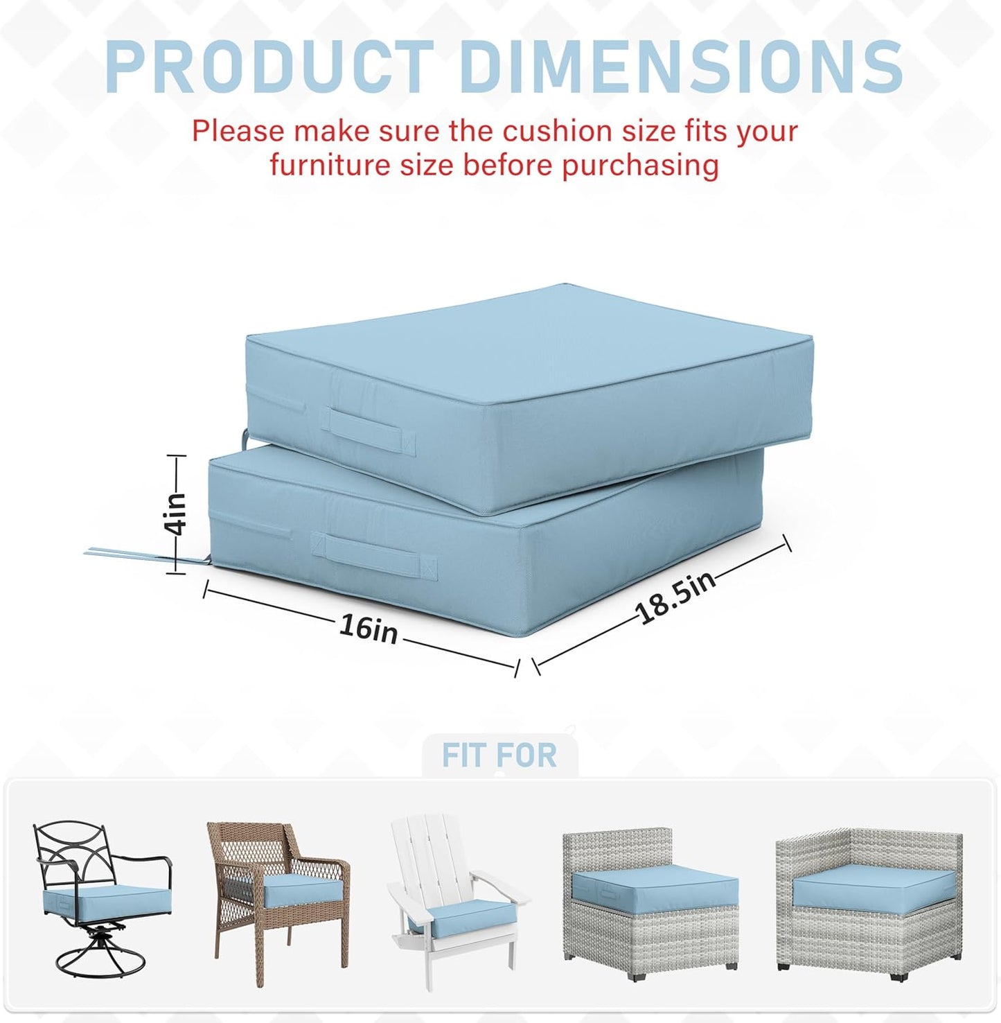 Patio Chair Cushions 18.5 X 16 X 4 Inch Waterproof Outdoor Seat Cushions for Patio Furniture, Outdoor Sofa Couch Pads with Ties & Handle, Set of 2, Light Blue