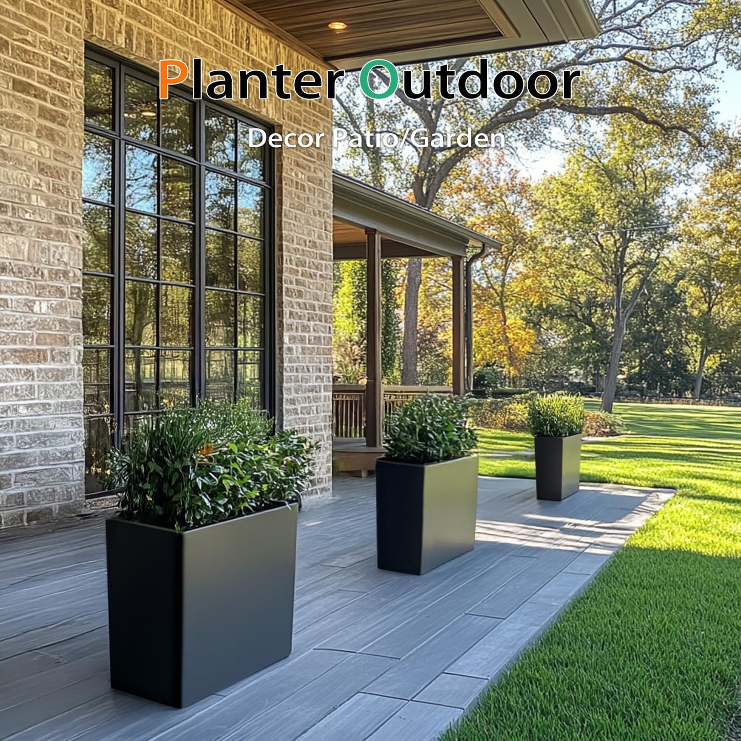 Rectangular Planter Box for Outdoor Plants, Large Tall Resin Garden Pots for Front Porch, Patio, Indoor (Black, 25 x 21 inch)