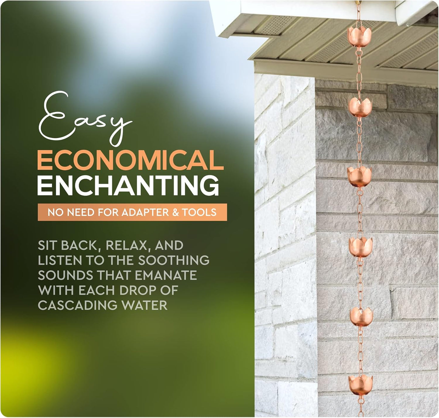 Copper Rain Chain – Decorative Chimes & Cups Replace Gutter Downspout & Divert Water Away from Home for Stunning Fountain Display – 6.5’ Long for Universal Fit – Flower Style