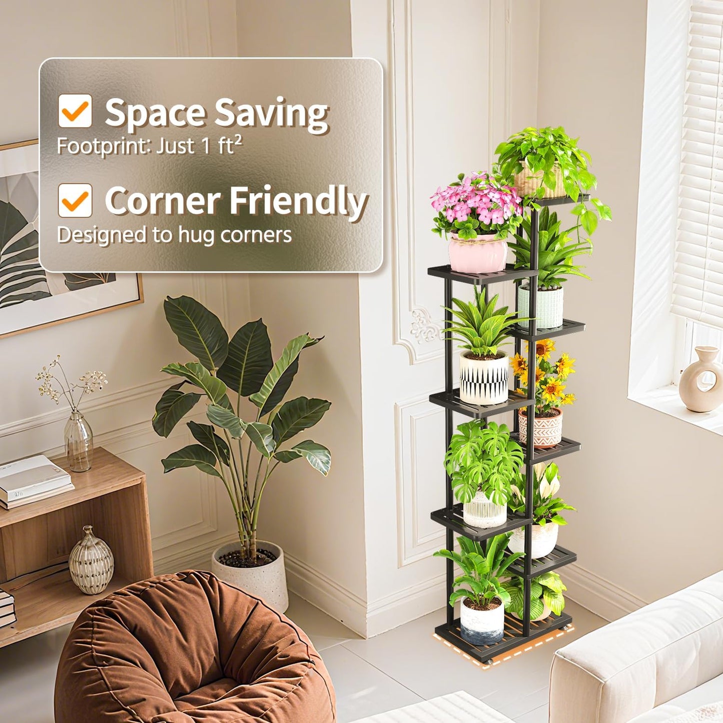 LASZOLA 7 Tier Plant Stand Indoors Outdoors for Large Heavy Duty Planter, Black Metal Tall Flower Holder Rack with Multiple Shelf for Modern Patio Corner, Vertical Organizer, Weather Resistant Bracket