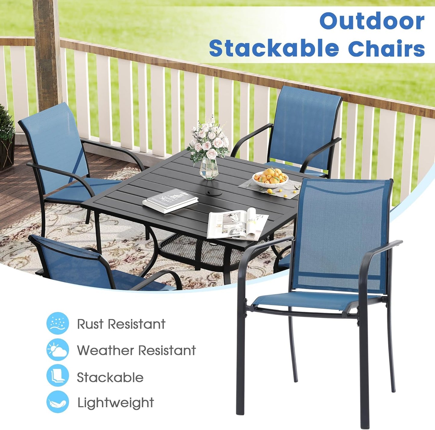 VICLLAX Patio Dining Set for 6, Outdoor Furniture Set Includes 63" Rectangle Patio Table and 6 Patio Stackable Chairs, Outdoor Table and Chairs for Outsides, Black Tabletop and Blue Fabric
