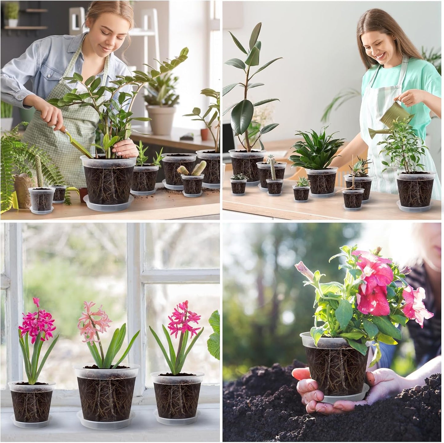 Transparent Plants Nursery pots with Tray 4/5/6 Inch Hard Material Plastic Planter with Drainage Hole,Durable Seed Starting Pots Plant Container, with 12pcs Plant Labels, a Maker Pen, 12 Sets