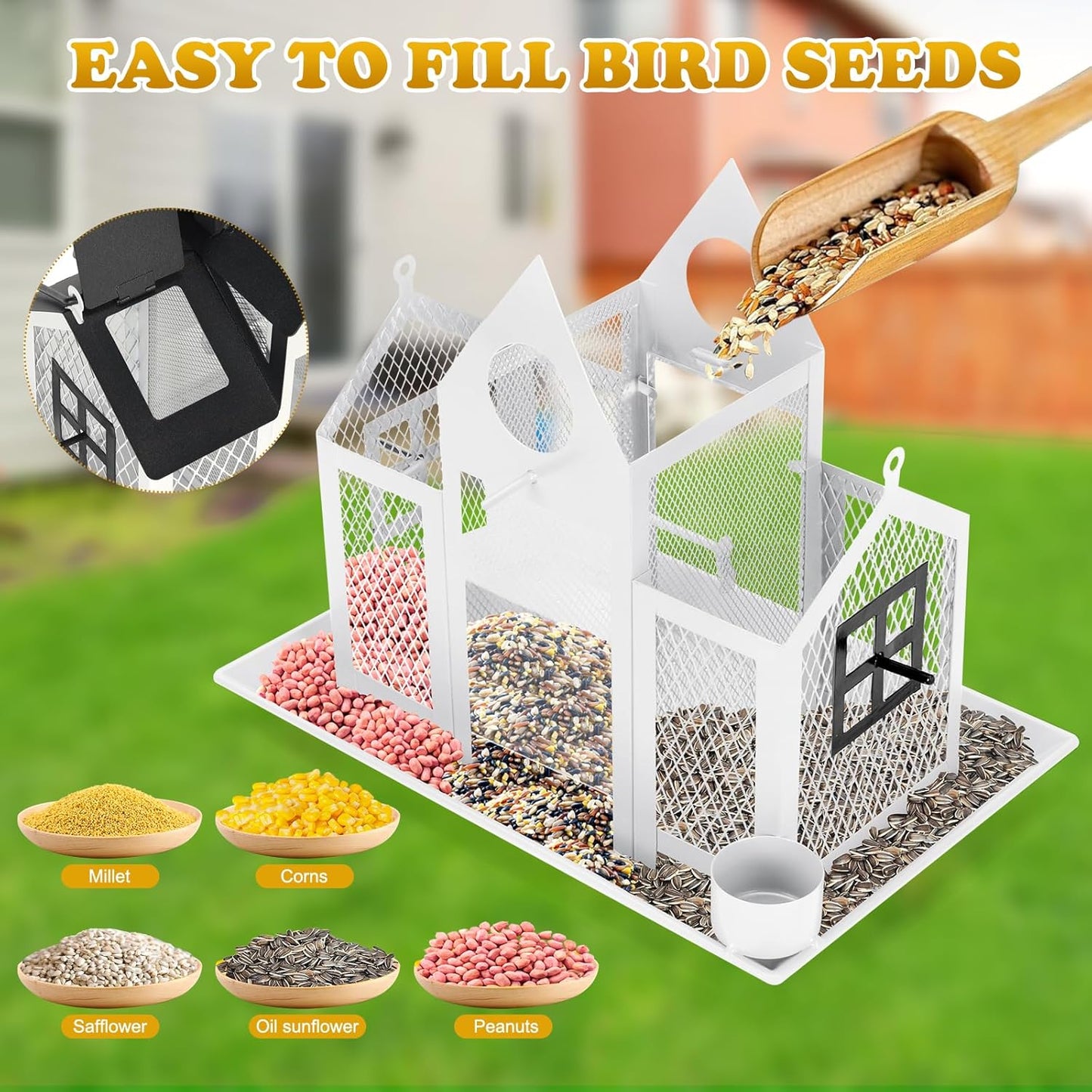 Solar Bird Feeders House Outside Hanging Metal Wild Bird Feeder Outdoors Large Cardinal Bird Feeder Birdhouses Squirrel Proof White