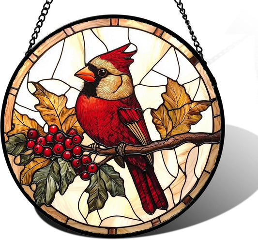 Stained Glass Window Hanging, Birds on a Branch Cardinal Sun Catchers Diamond Glass Panel Hangings Suncatcher Decor for Birthday for Women, Men, Wife, Aunt, and Mom 9.8X9.8IN
