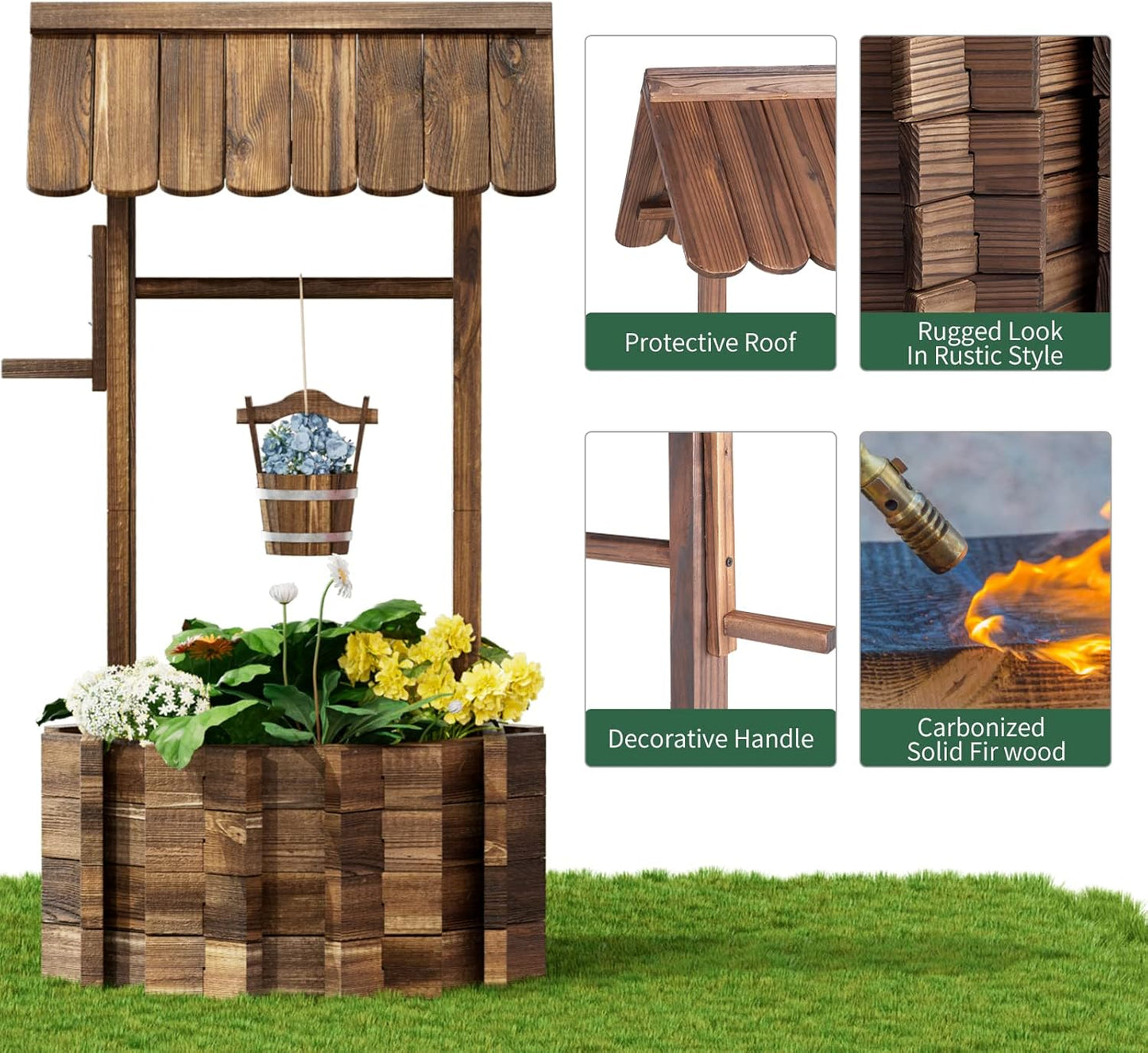 Wooden Wishing Well Planter for Outdoors with Hanging Bucket, Rustic Flower Planter Patio Garden Decorative, Brown