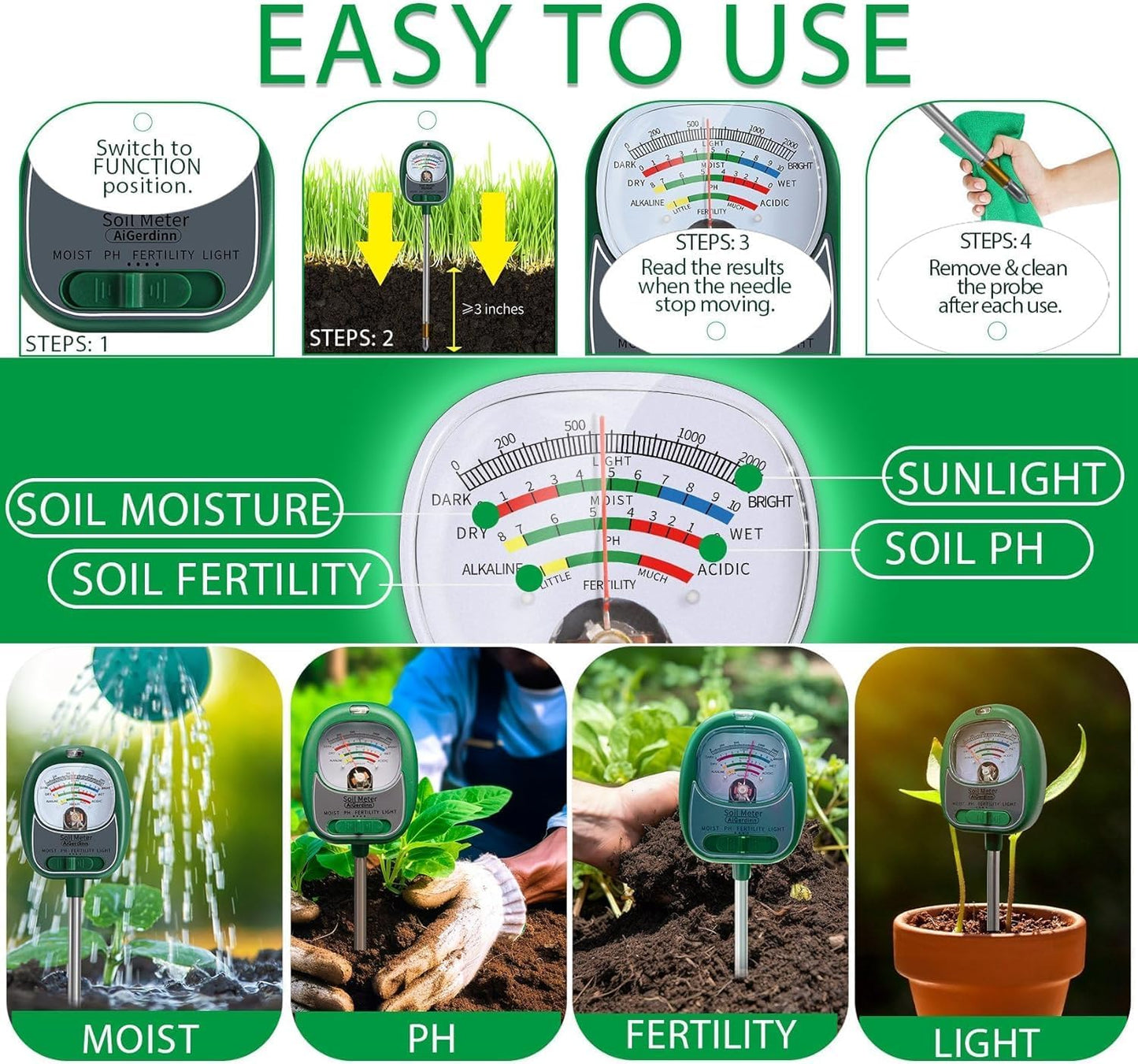 Soil Tester, Soil Moisture Meter/Soil pH Meter/Sun-Light/Fertility for Gardening, Large Dial Soil pH Tester Plant Water Meter for Indoor&Outdoor Garden,Farm Soil Test Kit-GrassGreen