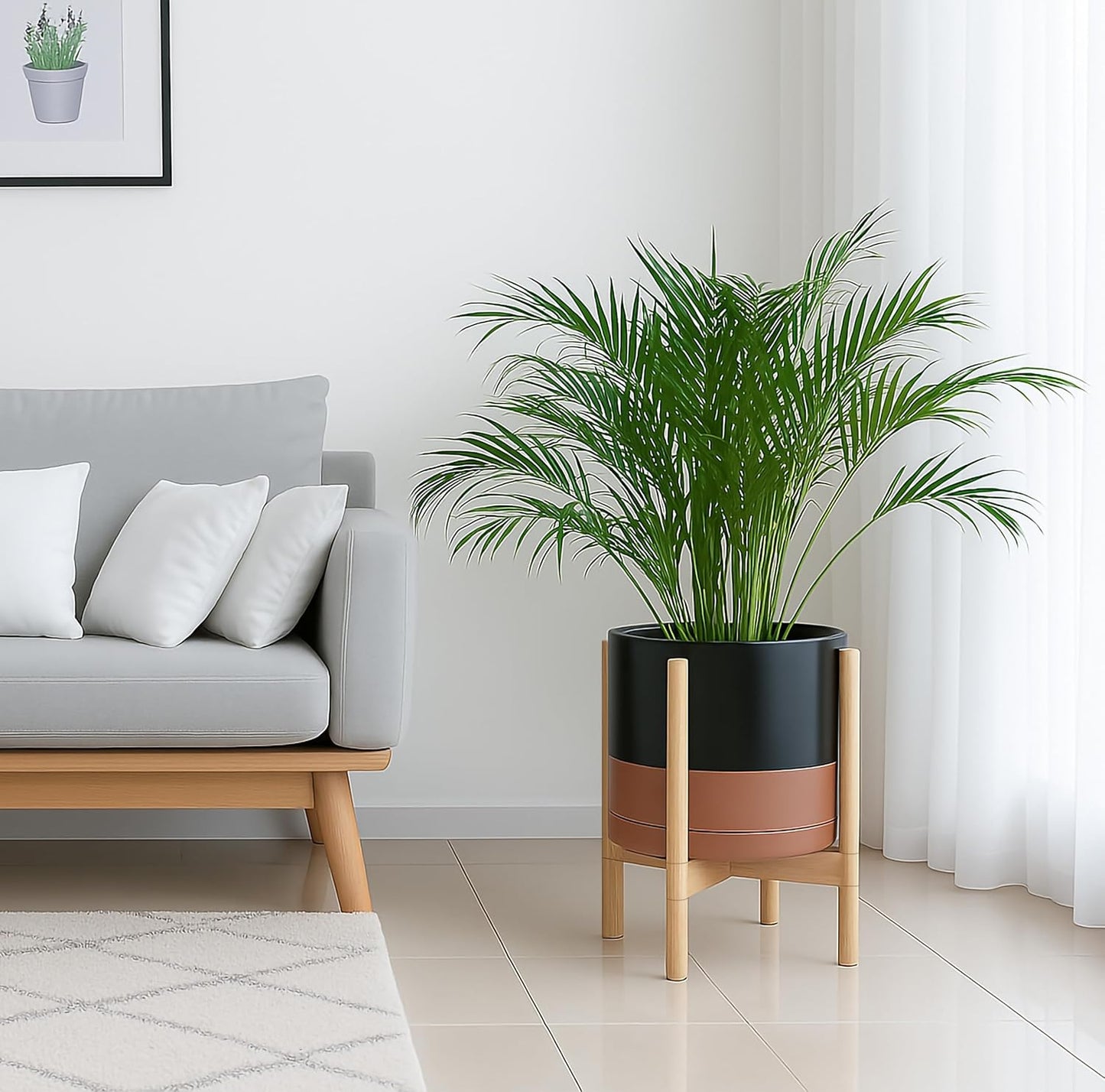 D'vine Dev Ceramic Planter with Natural Stand - 12 Inch Modern Round Flower Pot with Wood Planter Holder, Black/Speckled Tan, 55-B-J-7