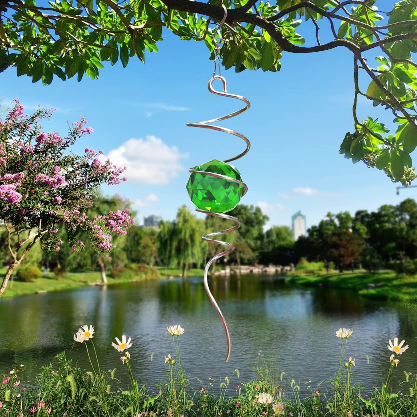 Fonmy Gazing Ball Spiral Tail -Decorative Wind Spinner Sun Catcher Rainbow Maker 11 inch Tail and 2 inch Green Crystal Orb. Indoor Outdoor Garden Decoration -13 inch Height
