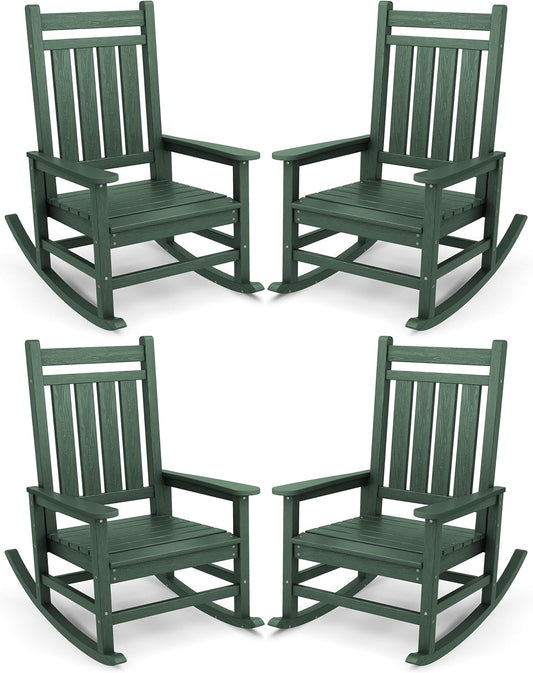 SERWALL Oversized Outdoor Rocking Chair Set of 4, HDPE Rocker for Adults, Patio Rocking Chairs for Porch, Green