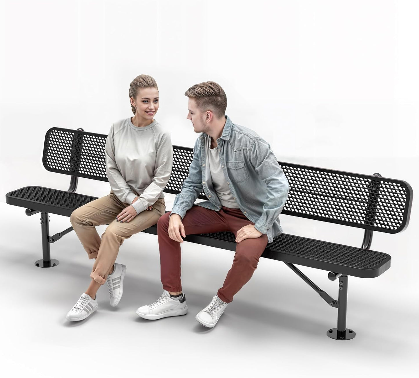 Heavy-Duty Outdoor Metal Bench, Thermoplastic-Coated, Surface, Weatherproof, Commercial-Grade for Parks, Gardens, Patios, Stores & More (8 Ft - Surface with Back, Black)