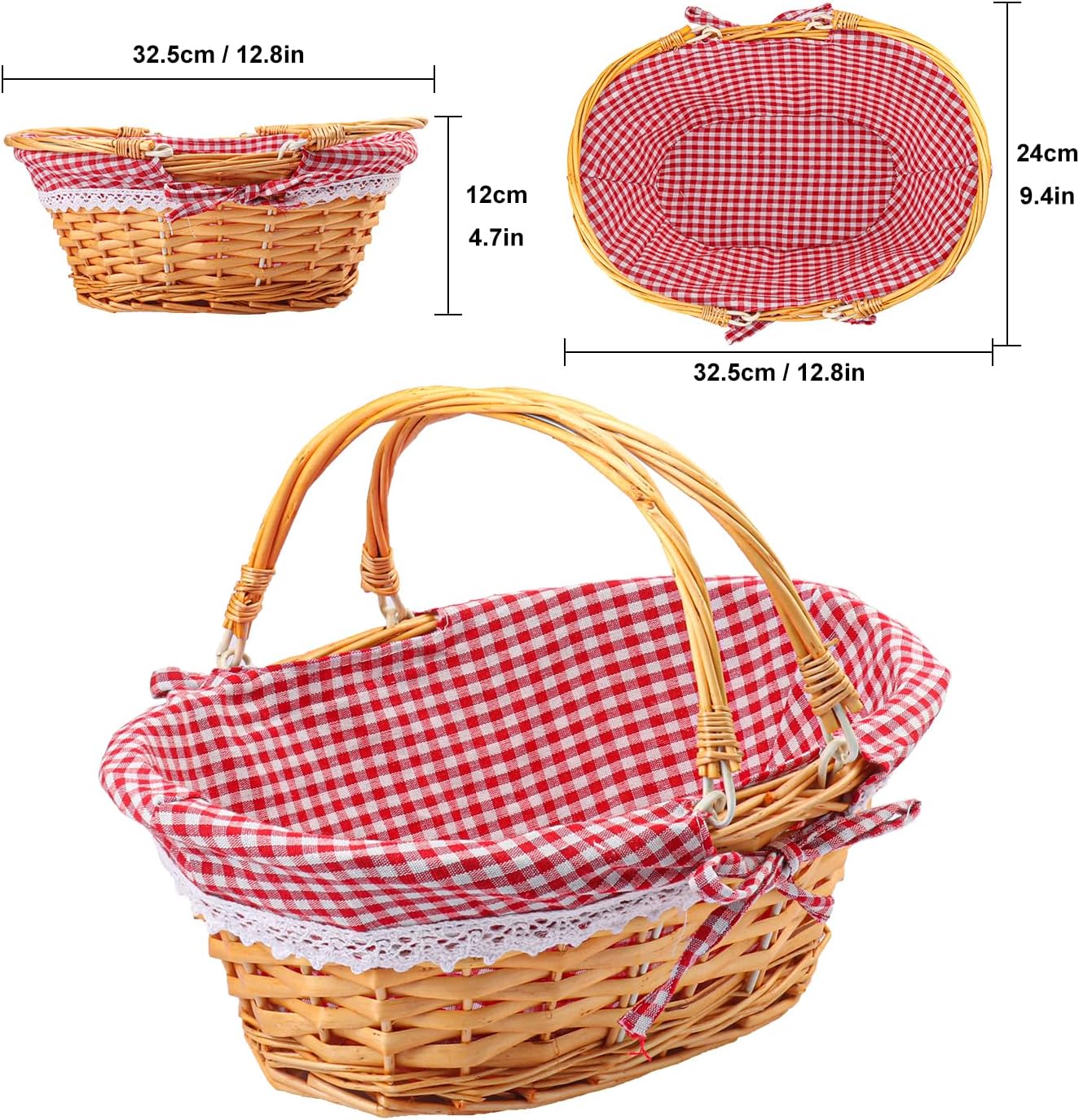 2 Pack 12.6 Inch Natural Wicker Basket with Checkered Lining, Oval Wicker Woven Basket with Handle, Willow Woven Picnic Baskets for Picnic, Camping, Party(Small)