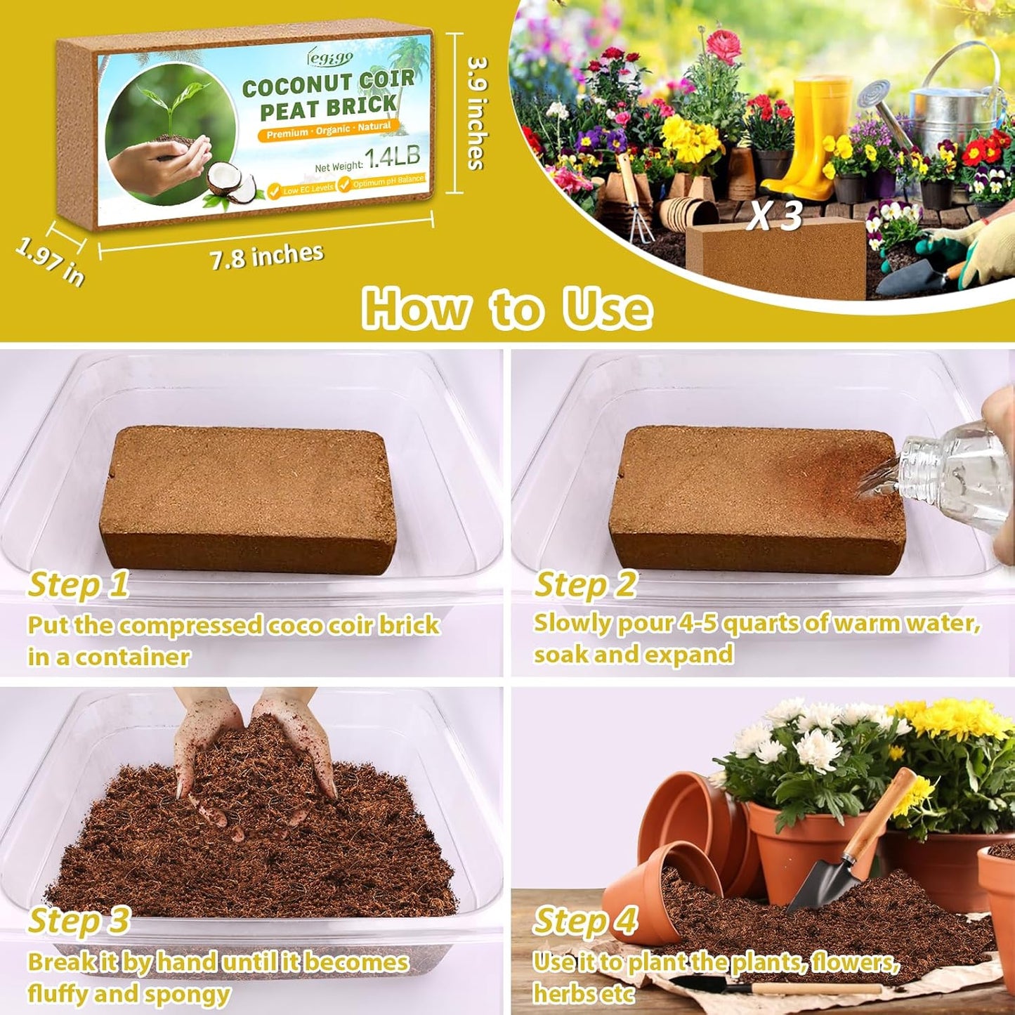 Legigo Pack of 3 Organic Coco Coir Bricks- 100% Natural Compressed Coco Peat Brick Coconut Fiber Substrate with Low EC& pH Balance, Coir Plant Soil Enhance Root Growth for Herbs, Flowers, House Plants