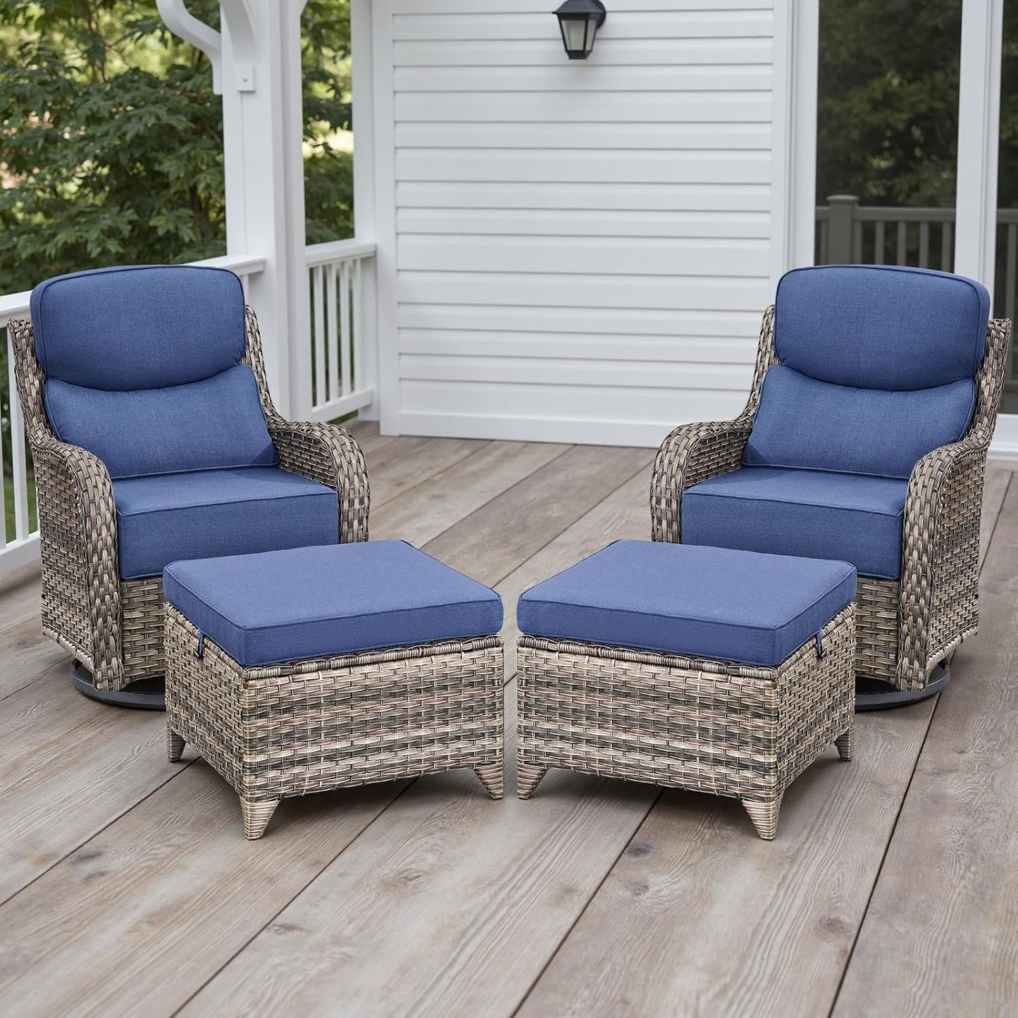 Wicker Outdoor Patio Furniture Set - 4 Piece Patio Conversation Set with Swivel Rocker Chairs and Ottomans, 6 inch Cushions, High Back, Deep Seating, for Porch Deck Garden Mixed Grey/Blue