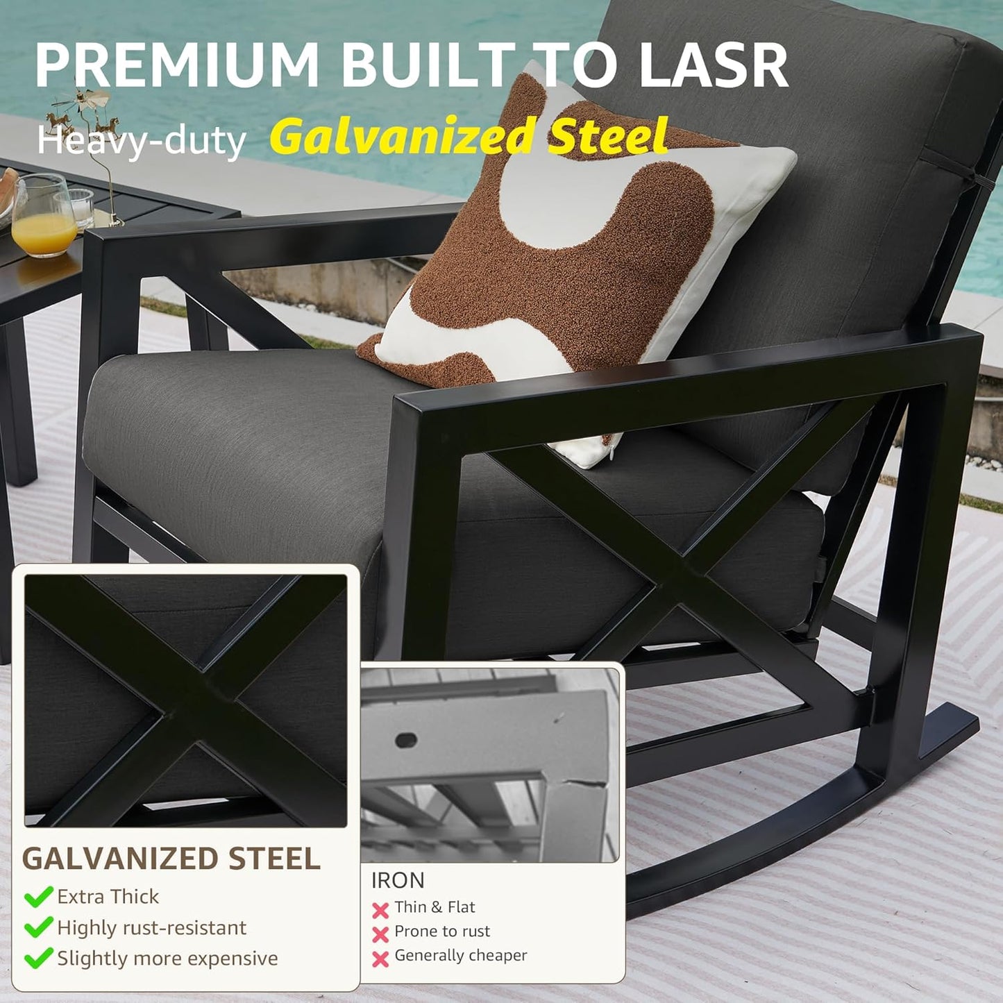 NATURAL EXPRESSIONS Patio Rocking Bistro Set, 3 Piece Outdoor Conversation Furniture Set with 2 Rockers and 1 Metal Coffee Table with Thick Cushions,2 Pack Patio Chair Covers Included