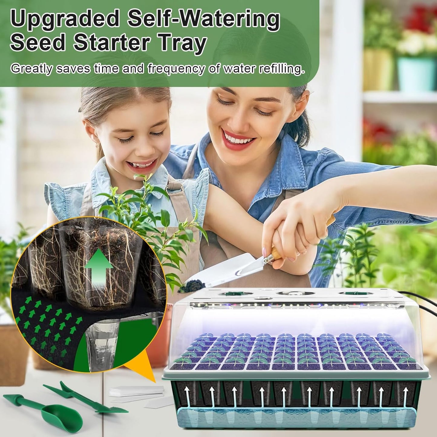 Self Watering Seed Starter Tray with Grow Light, 2 Pack 120 Cells Seed Starter Kit with Humidity Dome, Seed Starting Kit for Plant Starter, Indoor Seedling Tray with 4" High Lid Germination Tray