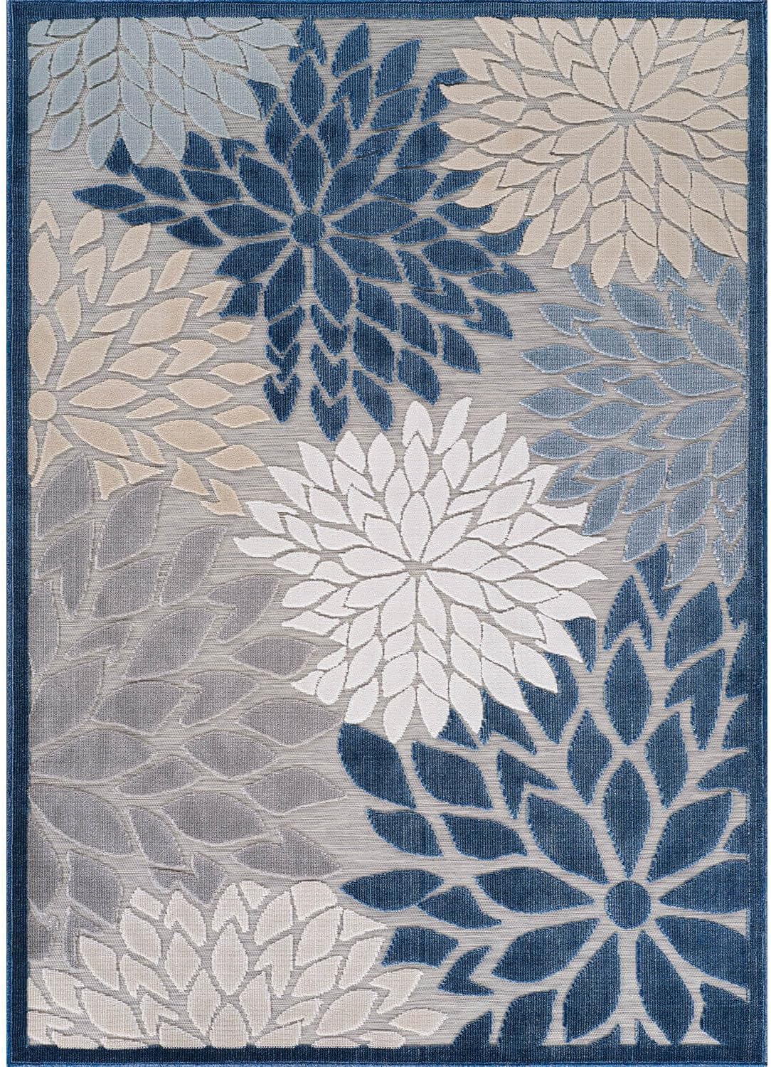Beverly Rug Outdoor Rug 6x9 Modern Floral Tropical Area Rugs for Indoor and Outdoor Patio Easy to Clean Non Shedding Living Room Porch Garden Washable Outside Carpet (6 x 9 Blue)