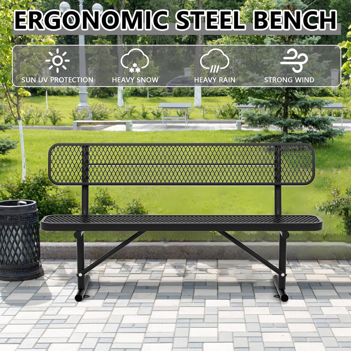 6 FT Heavy Duty Park Bench, Outdoor Metal Black Bench with Back-Commercial Steel Benches for Outside, 2-4 Person Seat-Garden Benches with Portable Frame for Outdoors