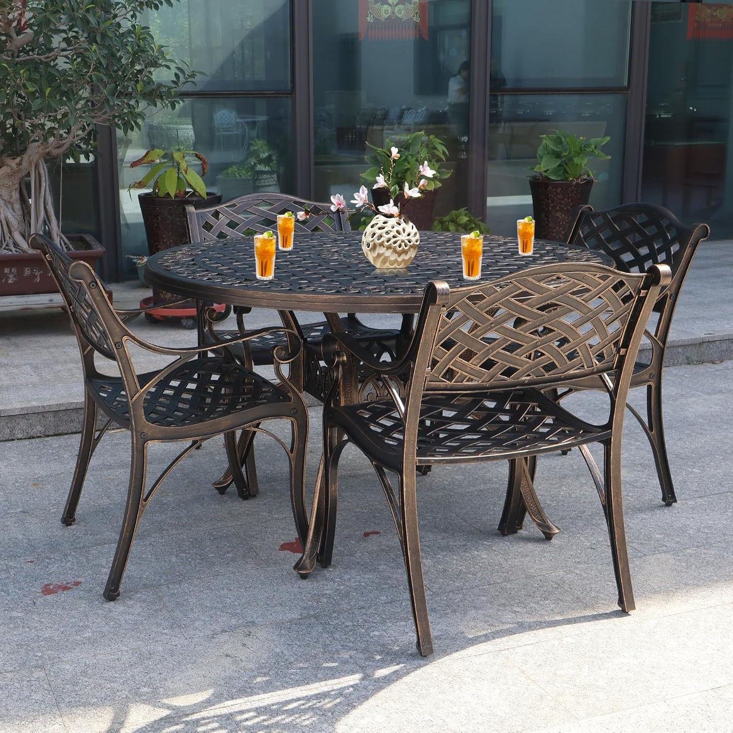 48 Inch Outdoor Dining Table Round Patio Table Powder-Coated Cast Aluminum Frame for Garden with Umbrella Hole (Bronze)