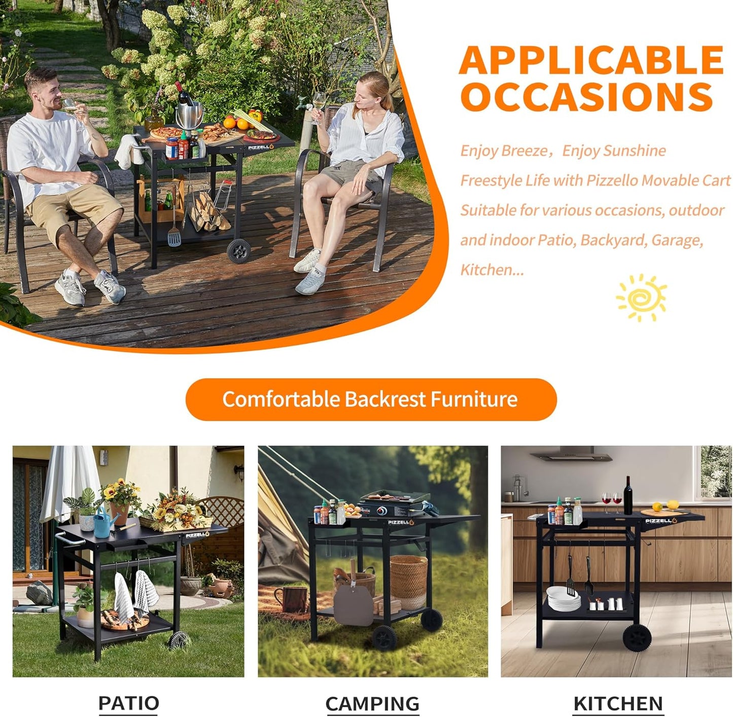 Outdoor Grill Table Cart 35" x 22" Movable Pizza Oven Stand Foldable Double-Shelf Grill Cart Food Prep Trolley Dining Cart Fit for Ooni Ninja Woodfire Blackstone Pizza Oven